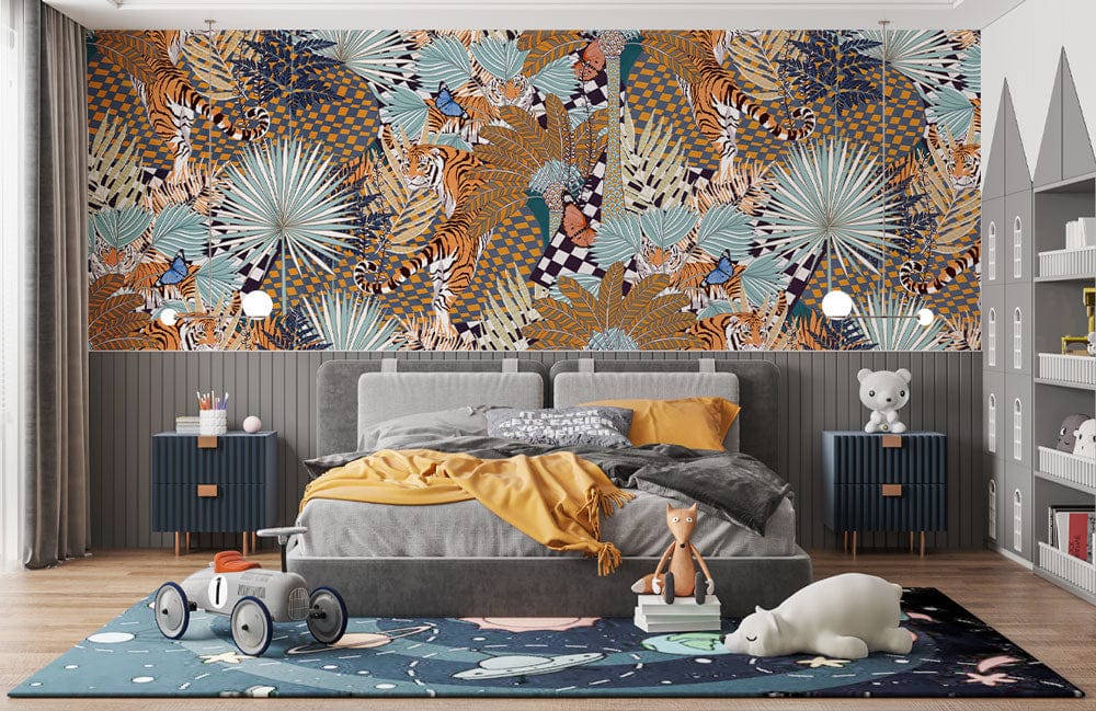 Wallpaper mural for bedroom decor featuring a brown abstract tiger jungle scene.