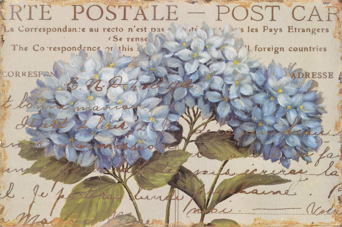 Vintage Blue Floral Postcard Mural Wallpaper