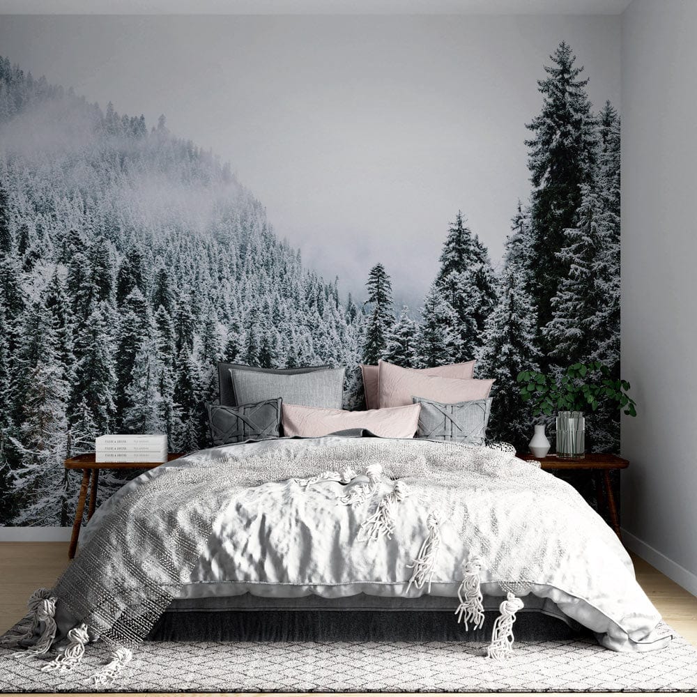 snowy forest jungle landscape with mist wallpaper for bedroom
