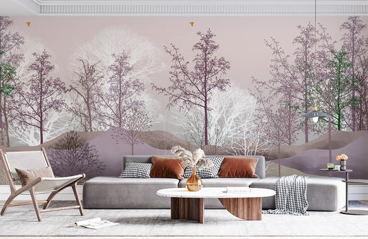 wallpaper in the living room featuring a gloomy woodland scene