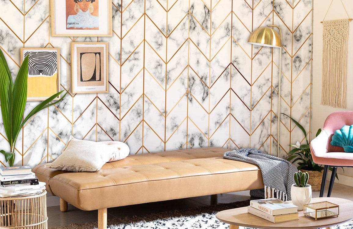 Room with a Mural of Geometric Marble Wallpaper
