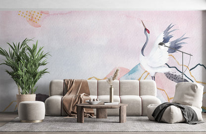 Watercolor Crane Bird Wallpaper Mural for Room decor