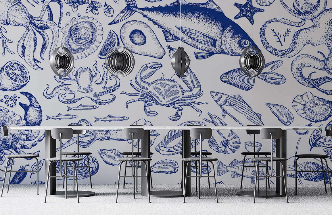 Ocean Life Wallpaper Mural in Blue for Use as Home Decoration