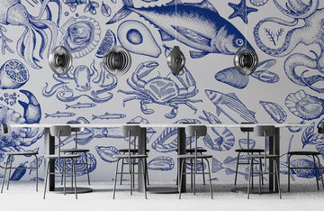 Nautical Ocean Creatures Blue Mural Wallpaper