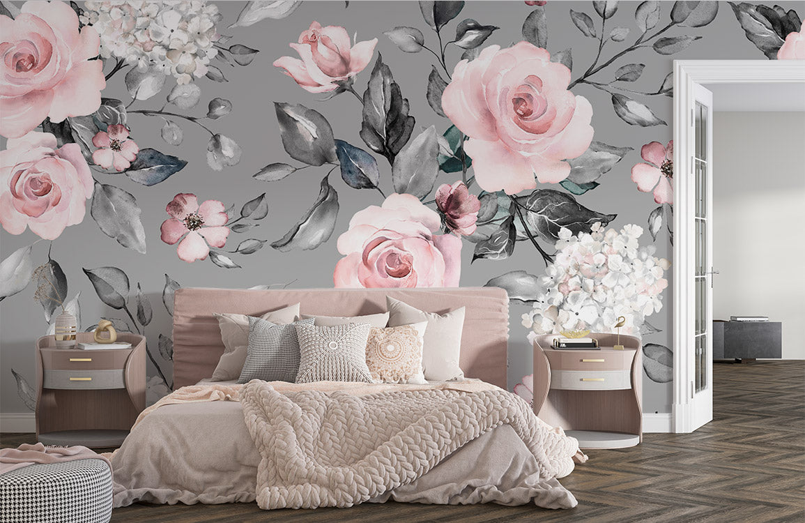 mural wallpaper depicting a variety of flowers throughout the room