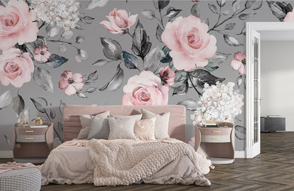 mural wallpaper depicting a variety of flowers throughout the room
