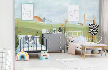 Pastoral Sunrise Landscape Wall Mural in bedroom
