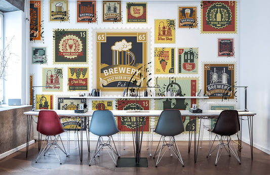 Vintage Brewery Stamp Collection Mural Wallpaper in office