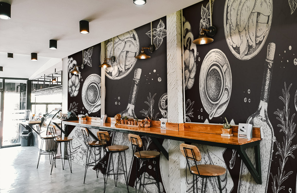 Restaurant with a Mural Wallpaper Featuring Vegetables and Drinks