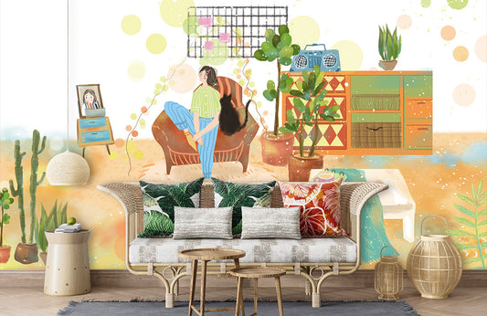 Boho Abstract Watercolor Living Room Mural Wallpaper in living room
