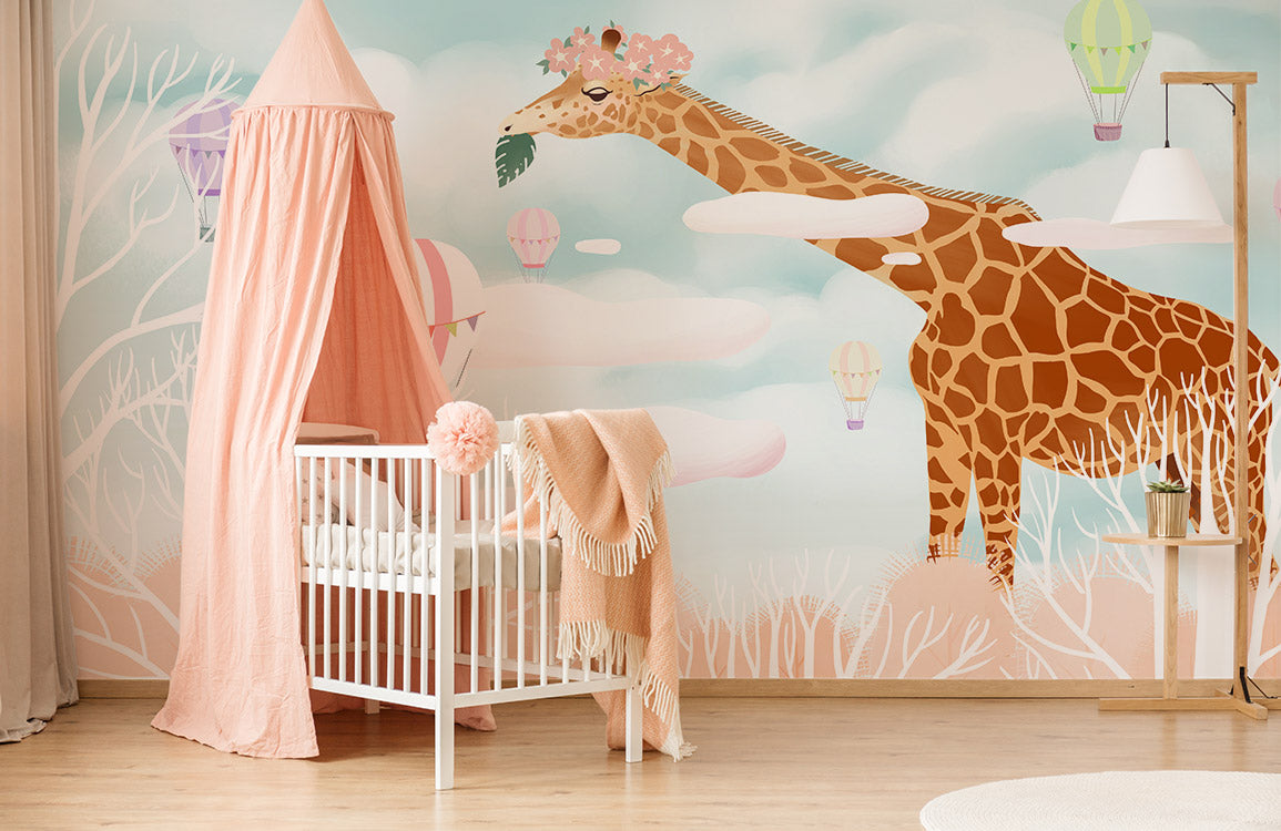 Home Decoration Wallpaper Mural Featuring a Giraffe Carrying Balloons