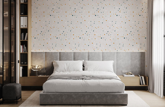 Room adorned with a fragment dot pattern wallpaper mural.