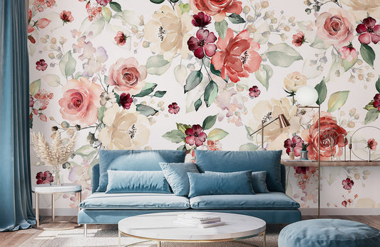 wallpaper mural with brightly coloured watercolours brilliant flowers