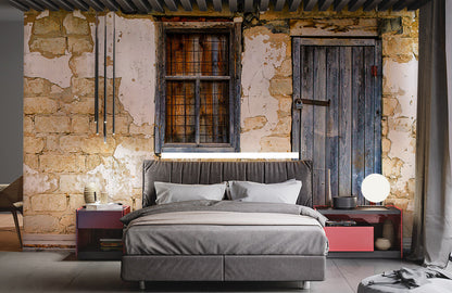 Rustic Aged Wood Mural Wallpaper in bedroom