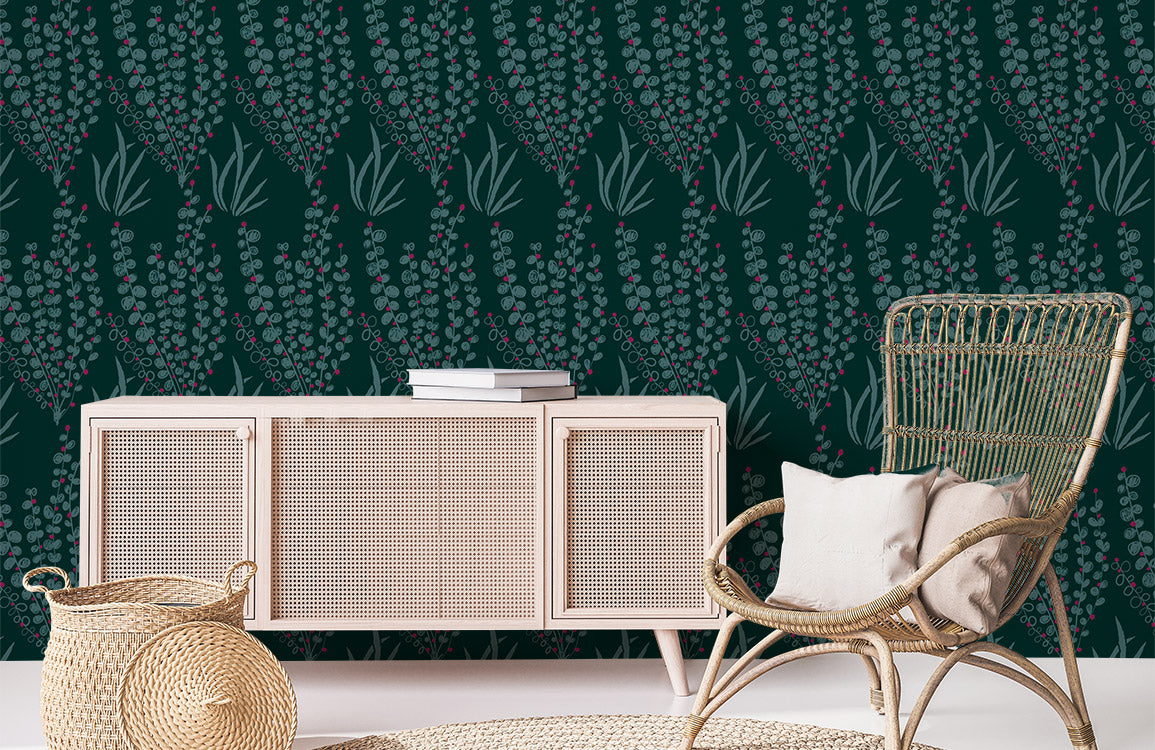 Wallpaper mural for home decoration featuring a dark green orchid blossom design.