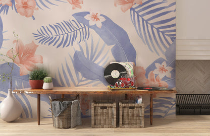 Living Room Wall Mural with Lilac Tropical Leaves and Flowers