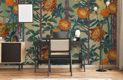 Botanical Orange Flower Stripe Mural Wallpaper in office