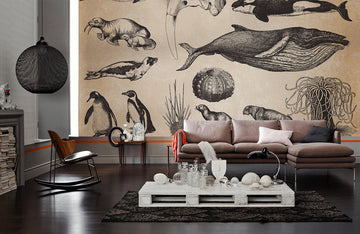 Vintage Marine Life Illustration Mural Wallpaper