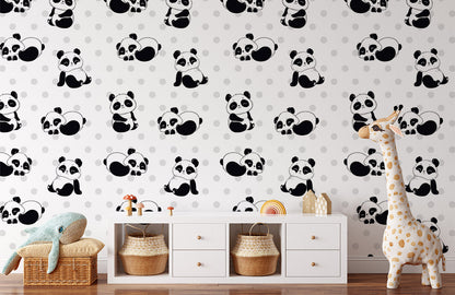 Playful Panda Nursery Kids Mural Wallpaper in child's room