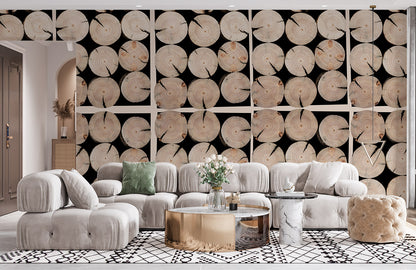 Rustic Log Stack Feature Mural Wallpaper in living room