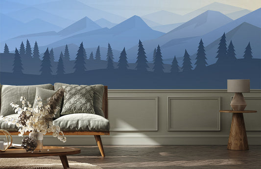 Wallpaper of a Blue Mountain Forest in a Room