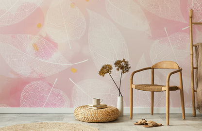 Pink Botanical Leaf Pattern Mural Wallpaper in living room