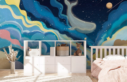 Fantasy Whale Sky Kids Mural Wallpaper in bedroom