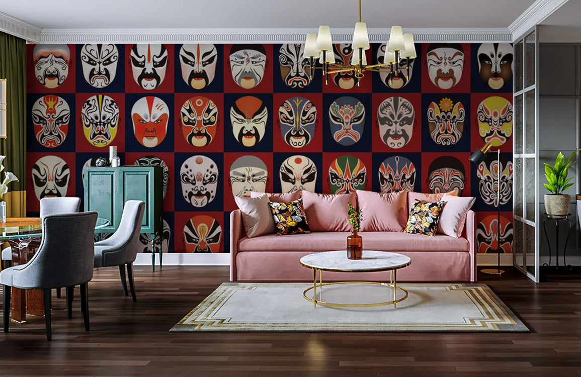 Home Decoration Wallpaper Mural Featuring an Opera Mask Pattern.