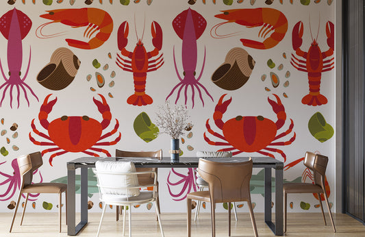 Wallpaper mural with a seafood pattern for use in interior design.