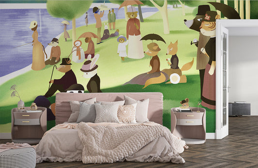 Wallpaper mural for home decoration with animals in a park.