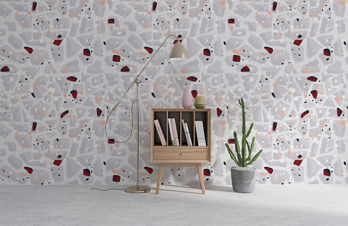 Wallpaper of grey terrazzo tiles in a living room