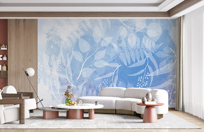 Elegant Blue Botanical Leaf Mural Wallpaper in living room