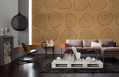 Rustic Wood Cross-Section Mural Wallpaper in living room