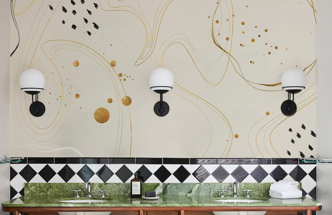 Abstract Gold Lines Neutral Mural Wallpaper in bathroom