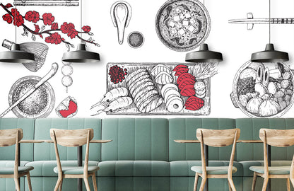Vintage Culinary Sketches Mural Wallpaper in dining room