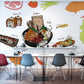 Wallpaper mural with seafood and sushi for use in interior design.