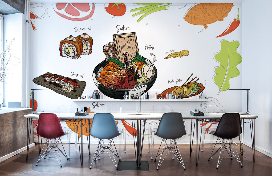 Wallpaper mural with seafood and sushi for use in interior design.