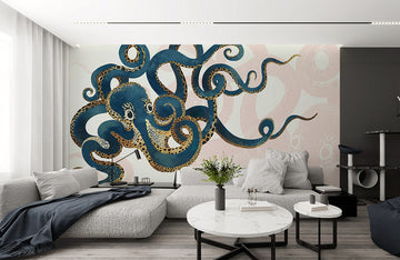 Nautical Octopus Navy Gold Mural Wallpaper