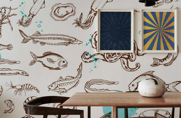 Underwater Seafood Illustration Mural Wallpaper