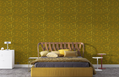Golden Leaf Pattern Modern Mural Wallpaper in bedroom