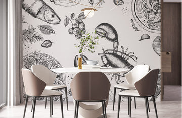 Black White Monochrome Seafood Mural Wallpaper