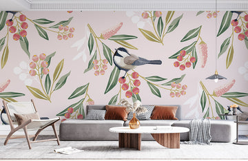 Chic Pink Bird Floral Mural Wallpaper
