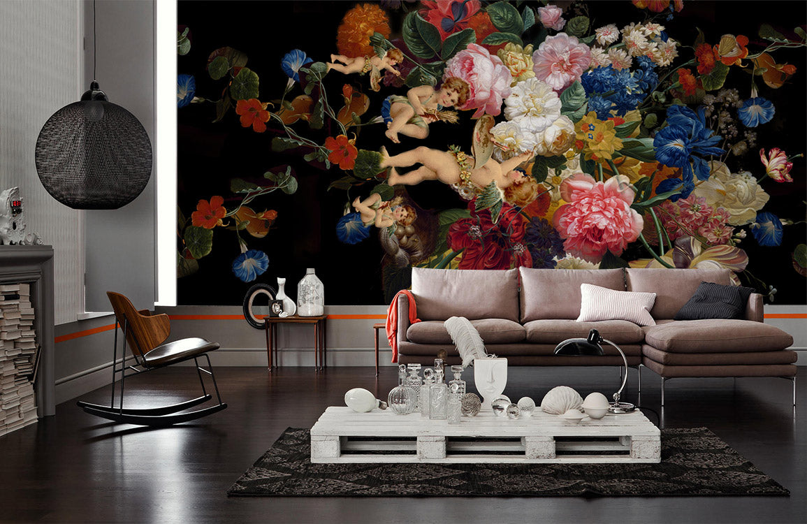 a mural wallpaper with flower designs for the hallway