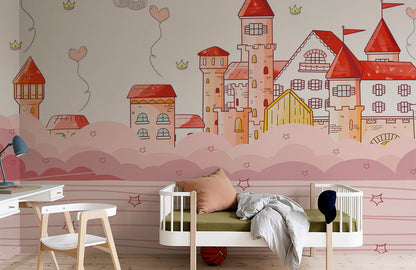 Whimsical Princess Castle Pink Mural Wallpaper in bedroom