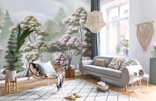 Home Decoration Featuring a Wallpaper Mural of a Misty Forest