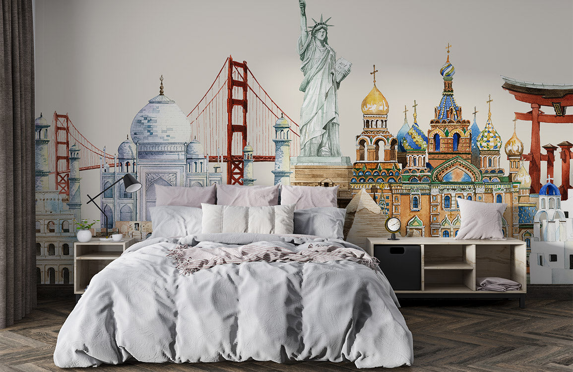 Wall Mural with Representative Architectures from Around the World