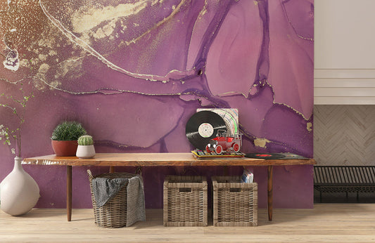 a room with a purple and gold marble wall mural