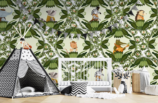Children's Wallpaper Mural Featuring Animals and Plants, Suitable for Home Decoration
