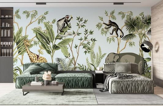 Wall mural depicting animals living in the jungle