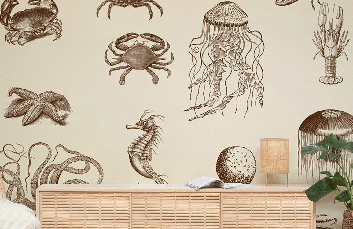 Wallpaper mural with marine animals for use in interior design